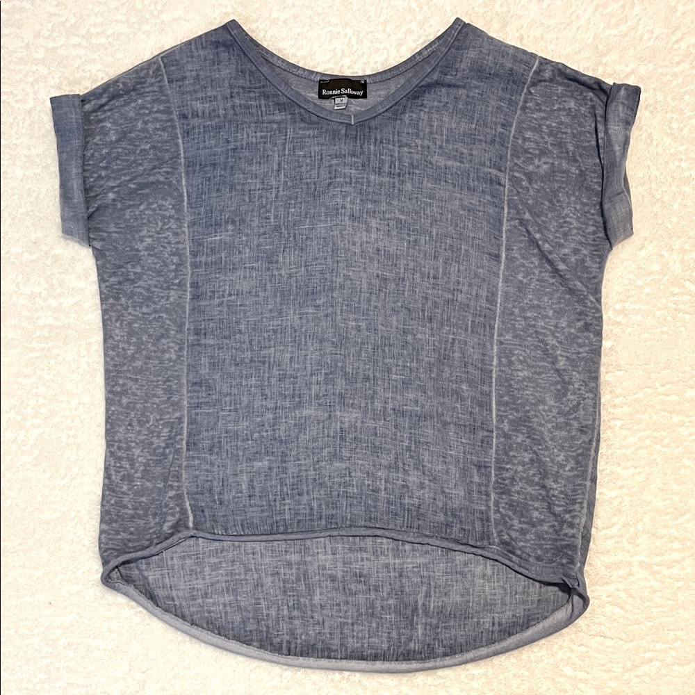 Italian Linen pull over short sleeve top by Ronnie Salloway M rolled hem, hi low